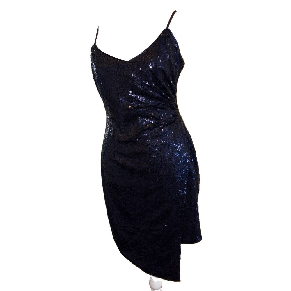 Lulus Womens Sequin Asymmetrical Tulip Hem Cocktail Mini Dress Size S Navy Blue